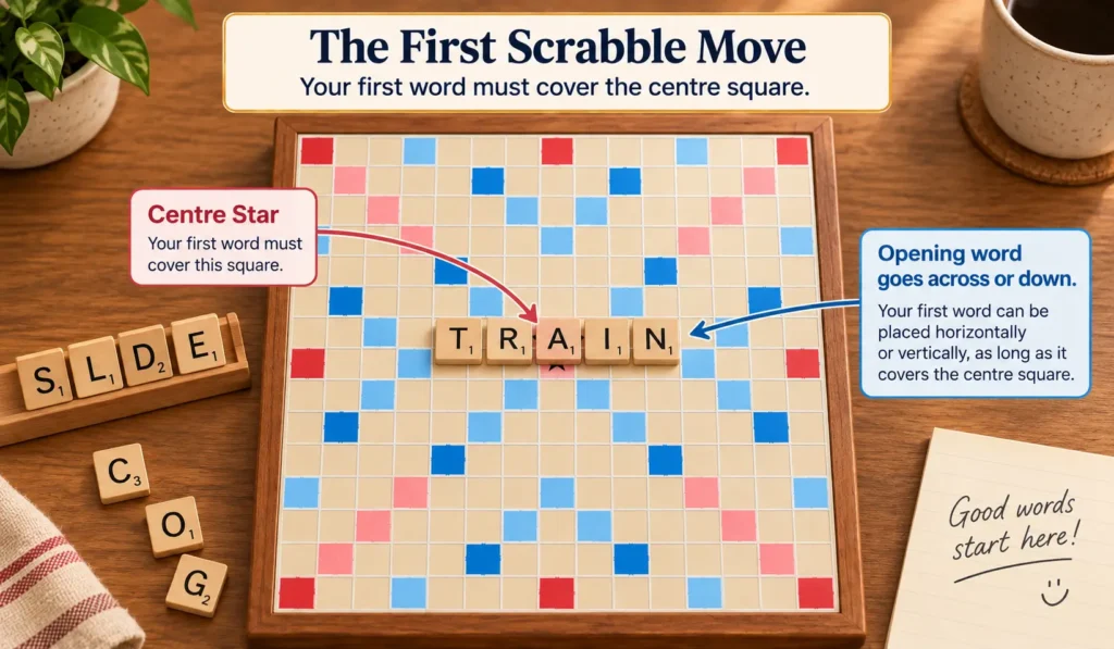 Example of the first Scrabble word played through the centre square