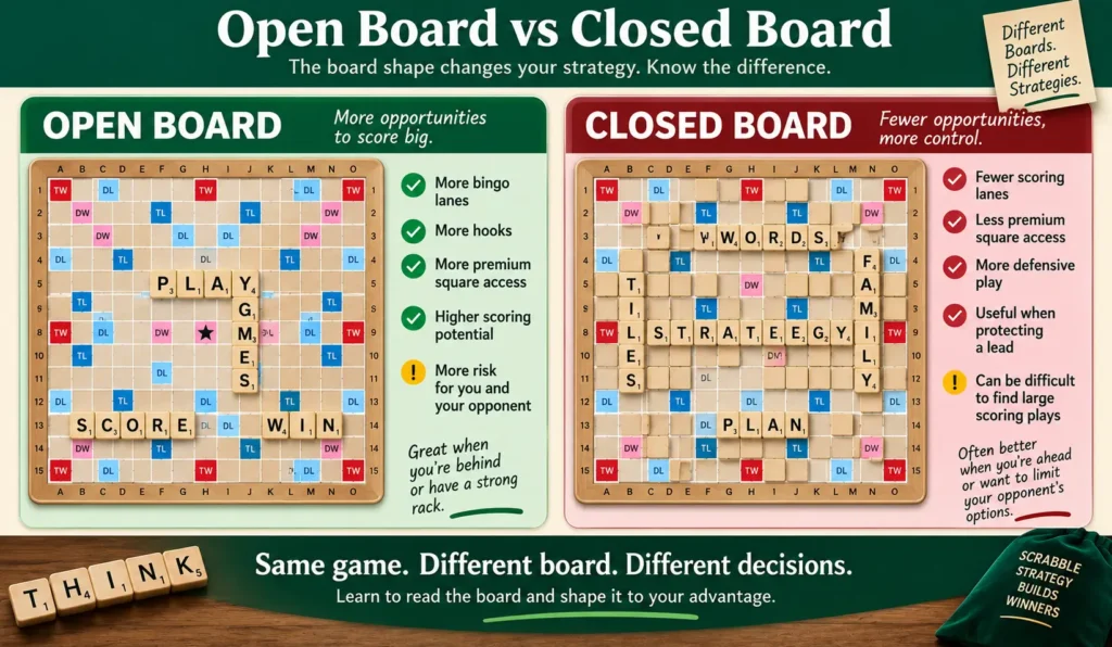 Open board versus closed board Scrabble strategy example