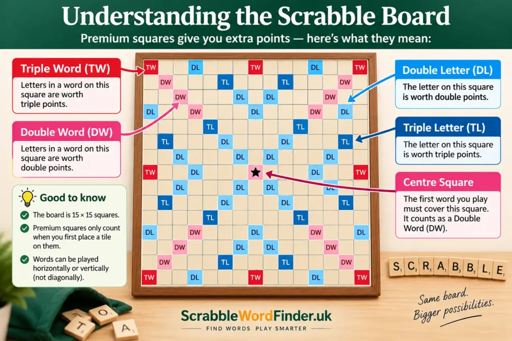 Scrabble board showing double letter triple letter double word and triple word squares