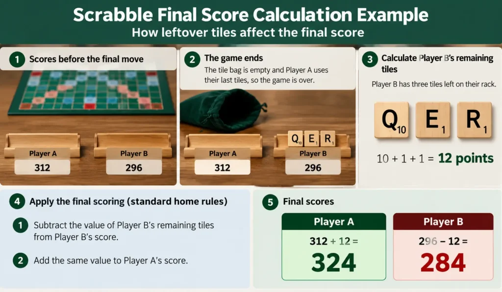 Scrabble final scoring example with leftover tile deductions