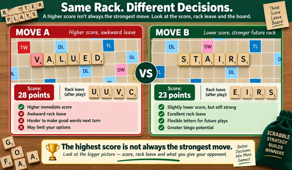 Scrabble rack leave example comparing a higher score with a stronger remaining rack