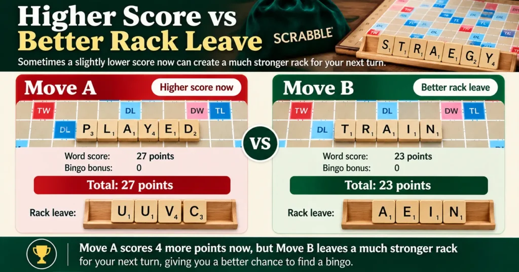 Scrabble rack leave example showing how a stronger leave can improve bingo chances