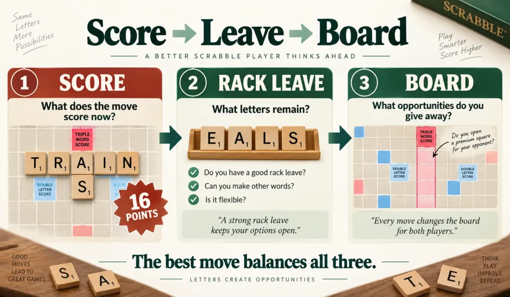 Scrabble strategy framework showing score rack leave and board control