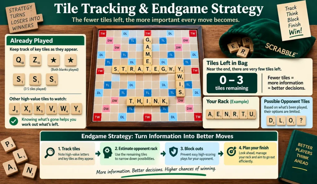 Scrabble tile tracking and endgame strategy infographic