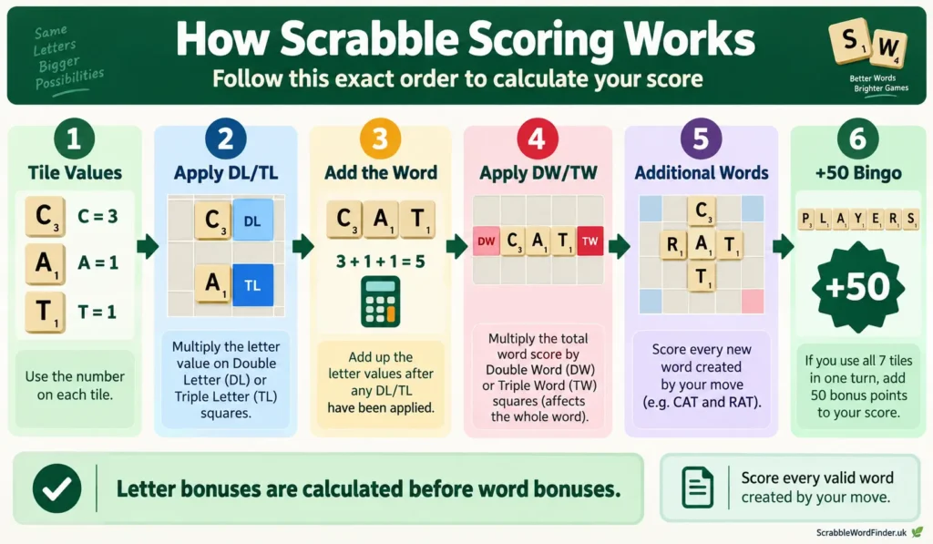 Step by step order for calculating a Scrabble score