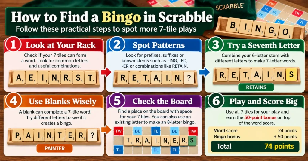Steps for finding a Scrabble bingo using rack patterns, stems, blanks and board space